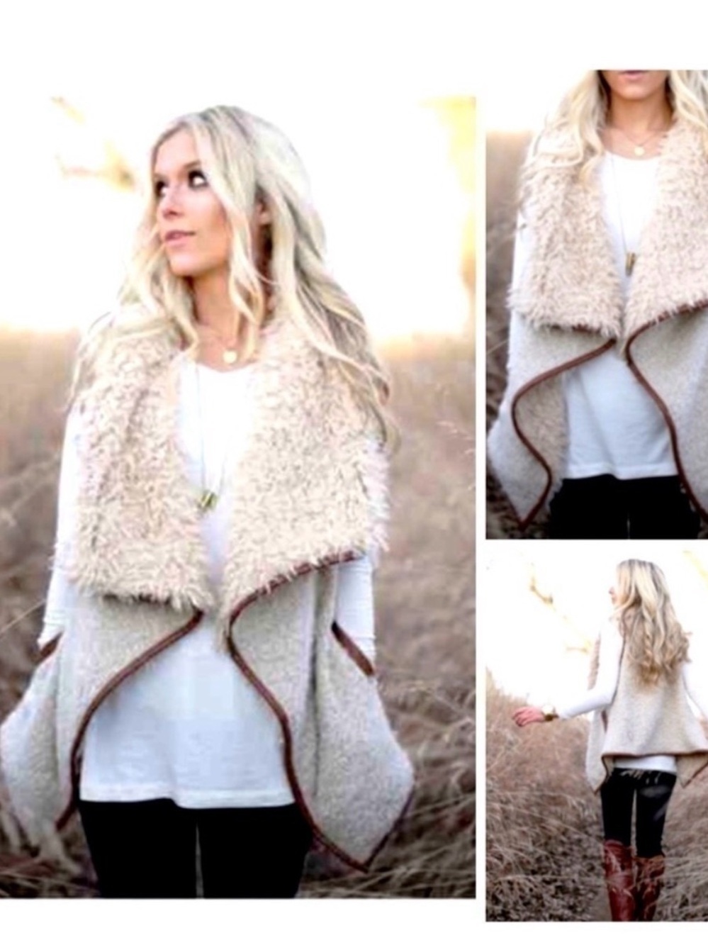 Love Tree Cream Faux-Shearling Drape Vest with Brown Trim